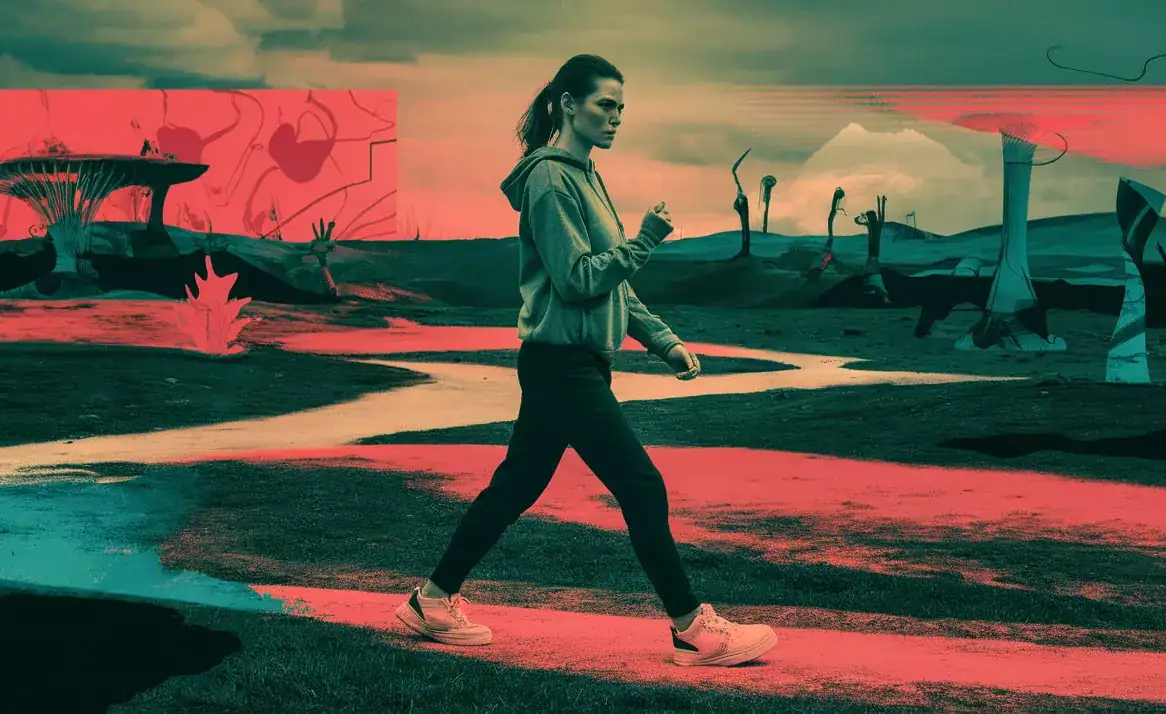 Imagen brutalista mujer caminando en la ciudad